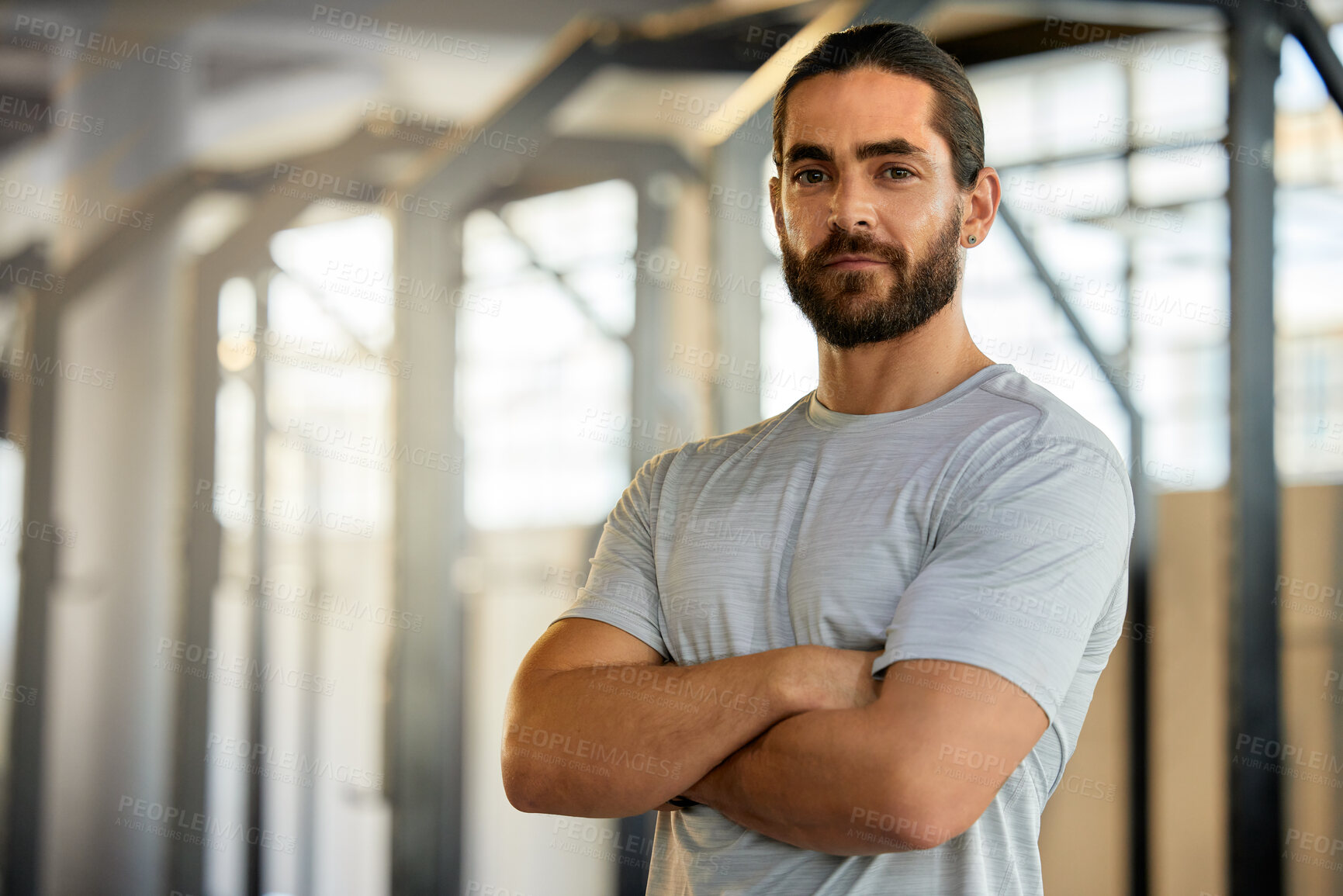 Buy stock photo Portrait of man in gym, mockup and arms crossed with fitness mindset, confidence and health tips. Workout, exercise and face of confident personal trainer at sports club with muscle and mock up space