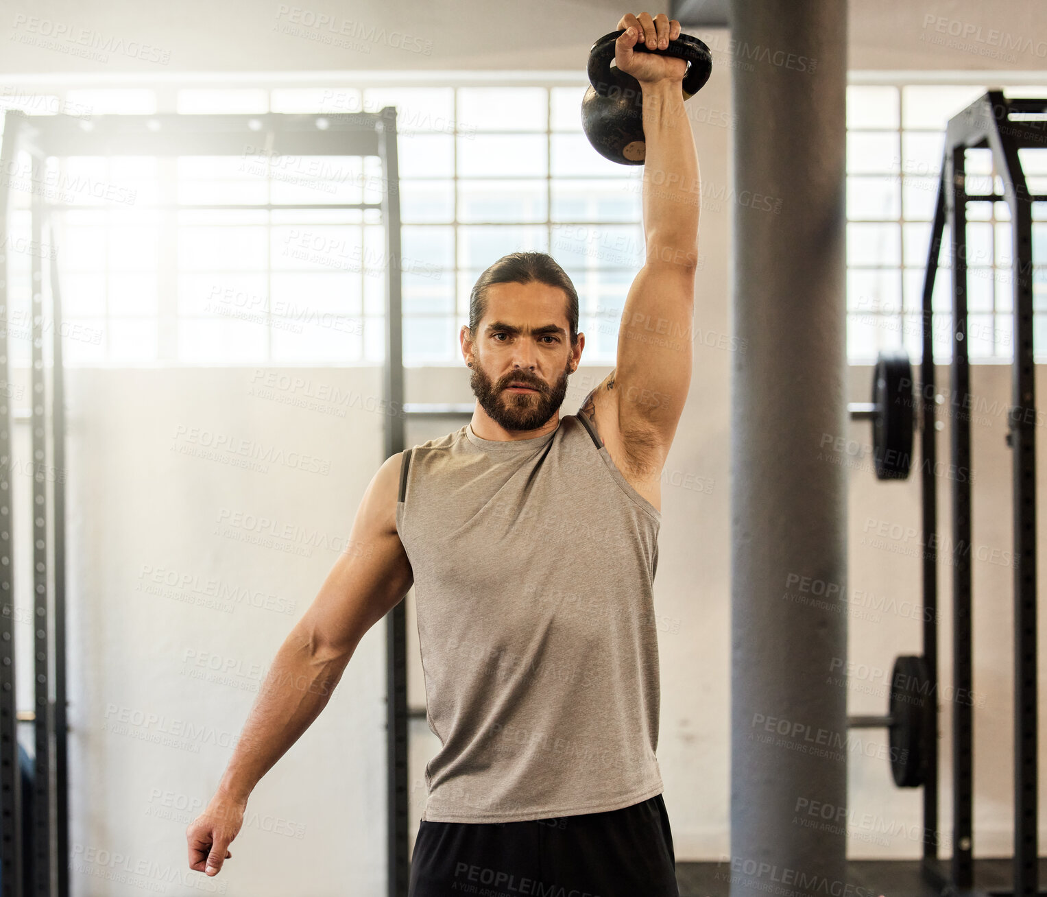 Buy stock photo Gym, lifting or portrait of man with kettlebell in training, workout or exercise for grip strength. Body builder, bodybuilding or healthy athlete with weights for energy, fitness challenge or balance