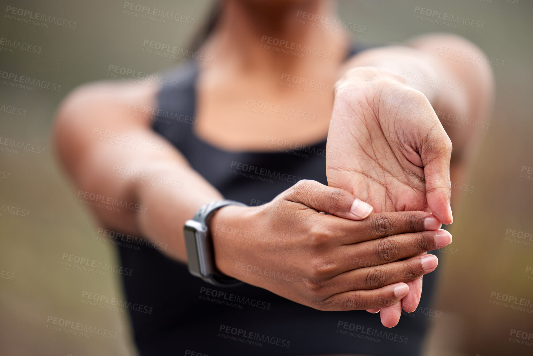 Buy stock photo Stretching hands, fitness and a woman in nature for running, workout and getting ready for cardio. Sports, health and a runner with a start for a run, exercise or training with a hand warm up