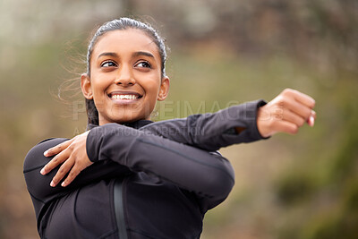 Buy stock photo Fitness, smile and woman stretching arms in park for running exercise, wellness or marathon training in nature. Sports, cardio and Indian girl runner in forest with body, warm up and routine workout