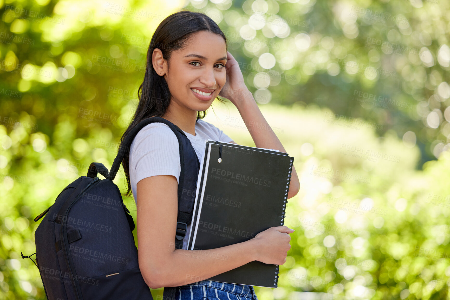 Buy stock photo Portrait, woman student and nature for walk on campus, class and university for study and learn. Textbooks, school and scholar with bag for education and happy female person, outside and notebook