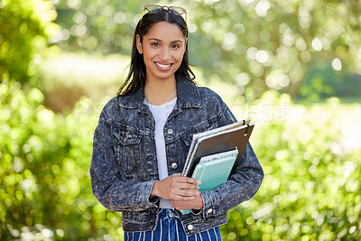 Buy stock photo Portrait, female student and smile with books outdoor on campus park for education, break and fresh air. College, girl and notebook for summary, information and class in university environment