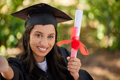 Buy stock photo Student, selfie or girl in portrait with certificate of graduation on campus with smile, pride or excited. Graduate, female person or photography for profile picture, social media or celebration post