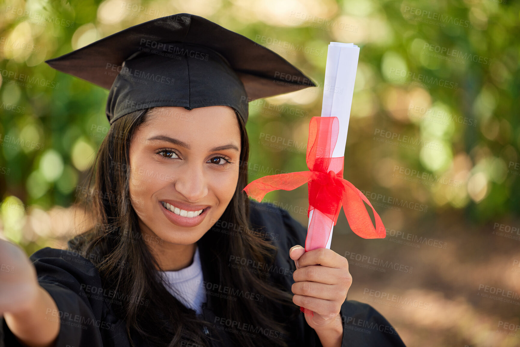 Buy stock photo Student, selfie or girl in portrait with certificate of graduation on campus with smile, pride or excited. Graduate, female person or photography for profile picture, social media or celebration post
