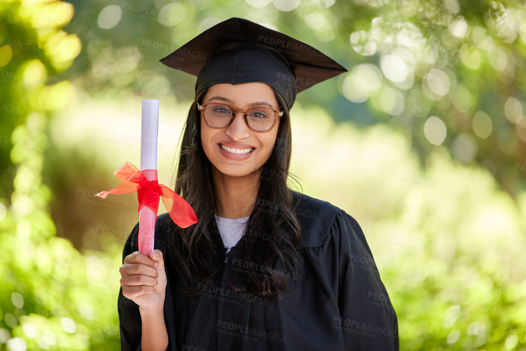 Buy stock photo Portrait, graduate or girl with certificate of graduation on campus with smile, pride or excited. University, female student or photography for profile picture, social media or celebration post