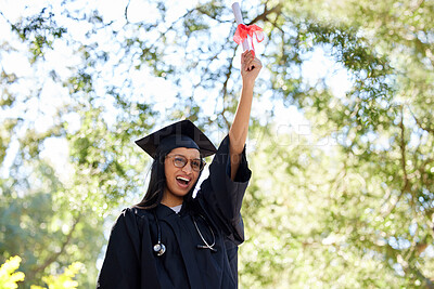 Buy stock photo Excited, graduate or girl with certificate of graduation on campus with smile, pride or celebrate. College, female student or diploma for learning growth, excellence or achievement for education goal