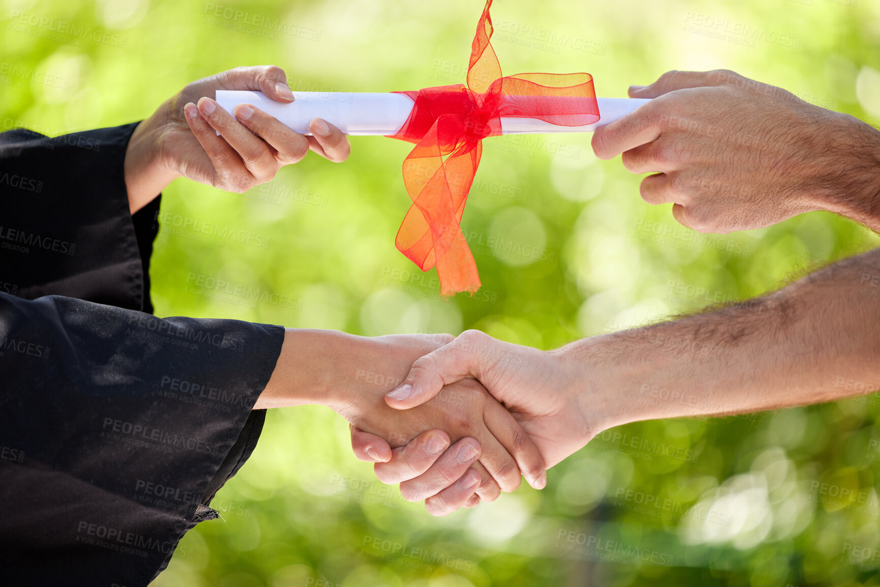 Buy stock photo Hands of people, handshake and diploma of graduation on campus, achievement or success with degree. College, graduate or well done with certificate in education, celebration or ceremony in university