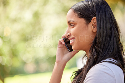 Buy stock photo Woman, phone call and smartphone for conversation, talk and outdoors in nature. Communication, technology and virtual discussion and happy female person, work break and business networking on mobile