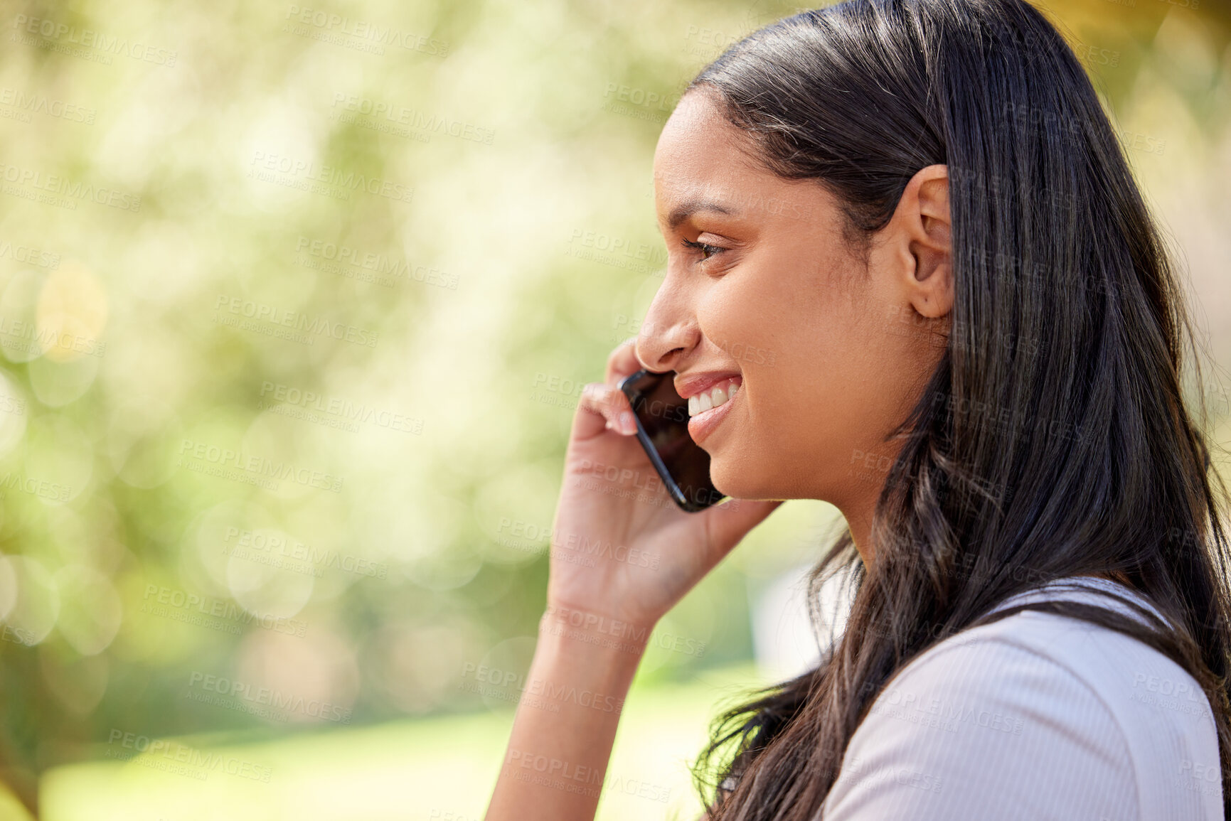 Buy stock photo Woman, phone call and smartphone for conversation, talk and outdoors in nature. Communication, technology and virtual discussion and happy female person, work break and business networking on mobile