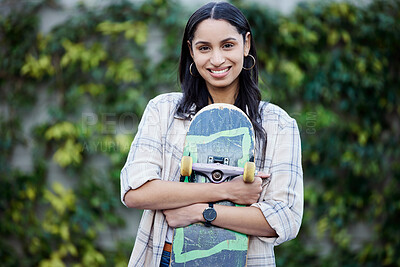 Buy stock photo Happy, girl and portrait with skateboard at college, campus or travel in park on holiday or vacation. Woman, skateboarder and university student at academy in summer with fun transport or hobby