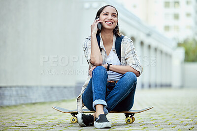 Buy stock photo Woman, phone call and talking with skateboard in city for conversation, networking or gossip. Student, communication and skater person with smartphone for speaking, exciting news or discussion