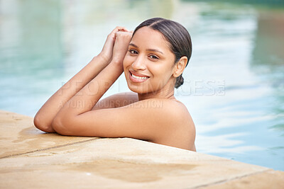 Buy stock photo Woman, portrait and pool for relax with smile for travel with water in summer with confidence at poolside. Beautiful, peaceful and holiday in the Bali with luxury at resort with pride for wellness