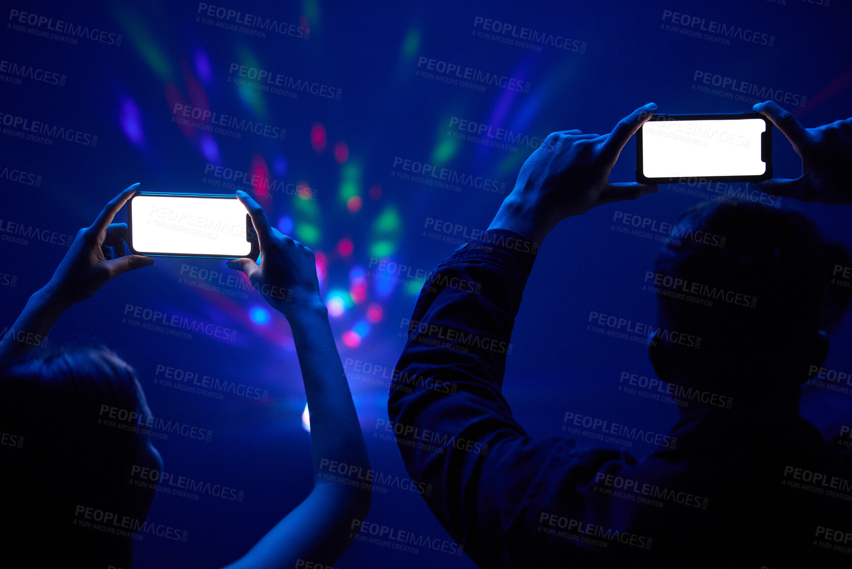 Buy stock photo Smartphone, mockup or fans at concert filming performance, recording memories and taking picture. Mobile device, people and social media video of live band for excited audience, festival or event