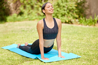 Buy stock photo Yoga, stretching and girl exercise in garden with fitness, mindfulness and workout in morning. Healthy, summer and woman with holistic wellness practice on grass in backyard or zen and peace in park