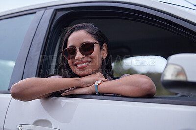 Buy stock photo Woman, travel and car in window with smile for road trip, journey and adventure on vacation for wellness. Female person, happy and excited on holiday, drive and destination in transport with glasses 