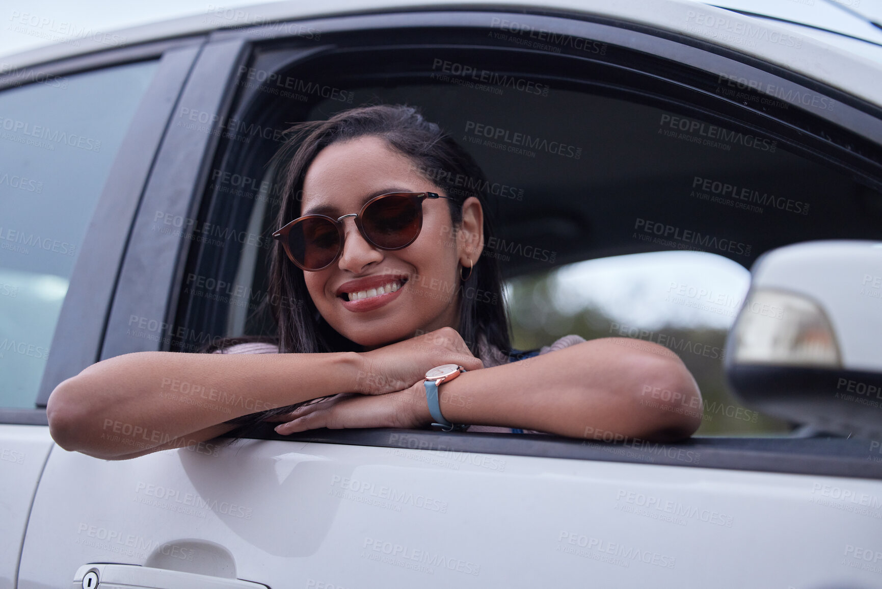 Buy stock photo Woman, travel and car in window with smile for road trip, journey and adventure on vacation for wellness. Female person, happy and excited on holiday, drive and destination in transport with glasses 