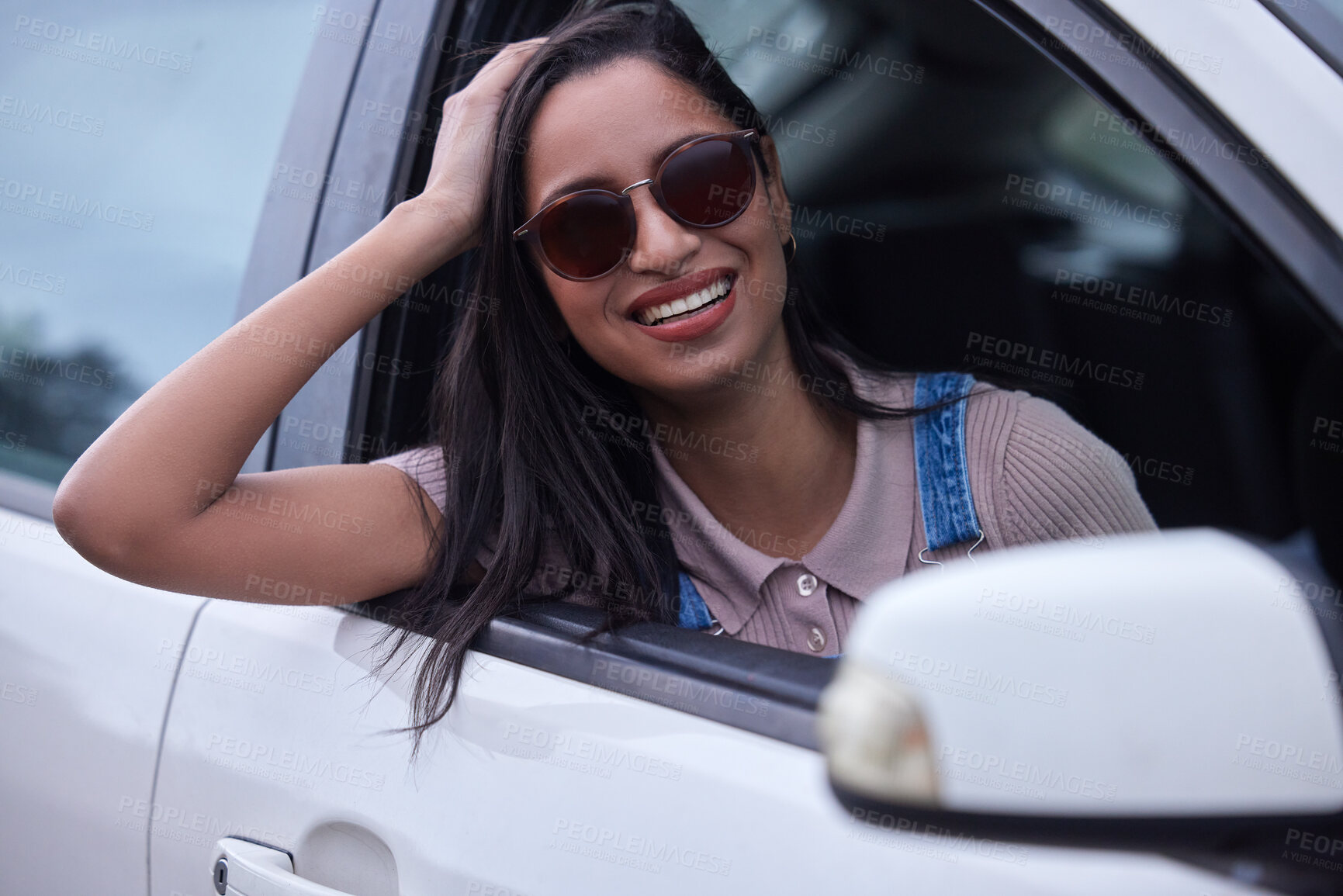 Buy stock photo Woman, travel and road trip with freedom, smile and car on journey, adventure and vacation in Greece. Female person, happy and excited on holiday, drive and destination in transport with glasses