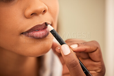 Buy stock photo Cropped shot a woman applying lipliner