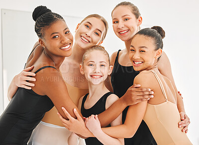 Buy stock photo Shot of a group of young ballet dancers having fun in a dance studio