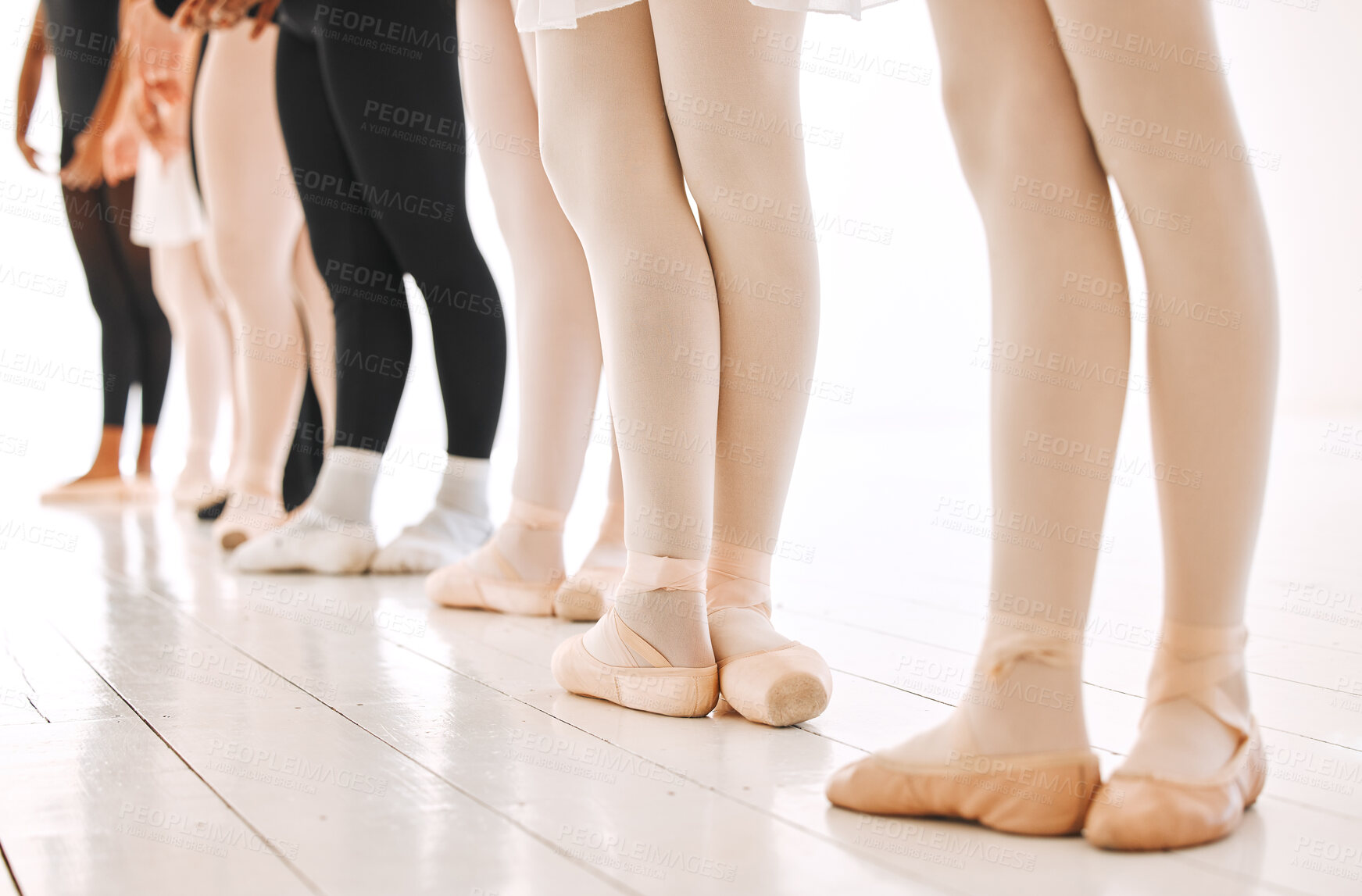 Buy stock photo People, ballet and group of legs in studio for performance art, balance and learning of routine. Dance school, class and feet with practice on floor in recital for flexibility, elegance and talent