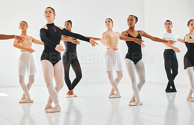 Buy stock photo People, ballet dancers and class with coach for performance, routine or choreography in studio. Young group, community or team of performers with teacher in ballerina academy for art, dance or talent