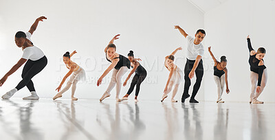 Buy stock photo Team, ballet dancers and class with teacher for performance, routine or choreography in studio. Young people, community or group of performers with coach in ballerina academy for art, dance or talent