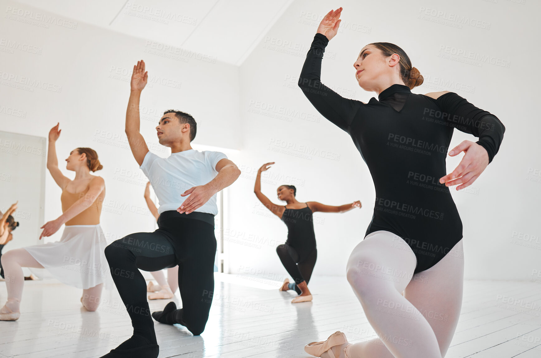 Buy stock photo People, ballet dancers and class with practice for performance, routine or choreography in studio. Young group, performers or team in ballerina academy or training for art, talent or graceful dance