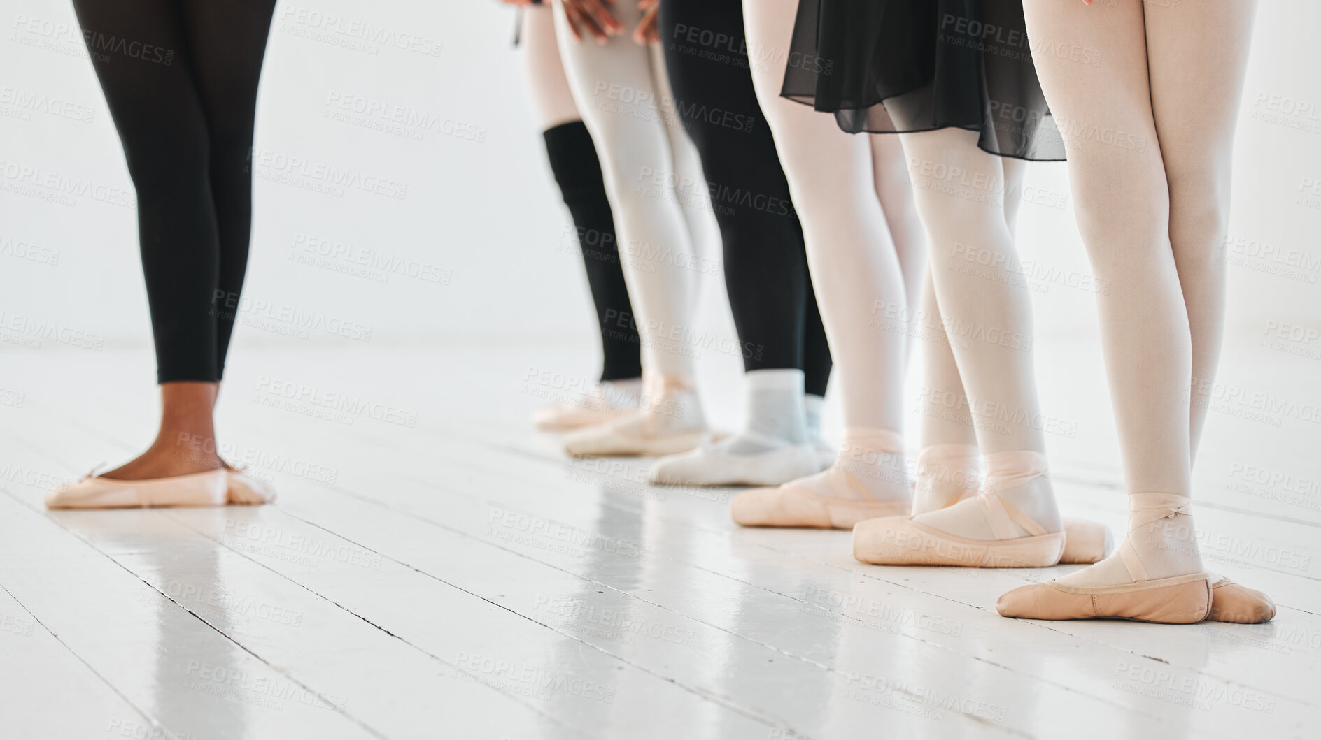 Buy stock photo People, ballet and group of legs with teacher for performance art, balance and learning of recital. Dance school, class and feet with practice on floor in routine for elegance, skill and talent