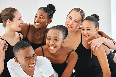 Buy stock photo Shot of a group of young ballet dancers having fun in a dance studio