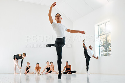 Buy stock photo Full length shot of a diverse group of ballet students rehearsing in their dance studio