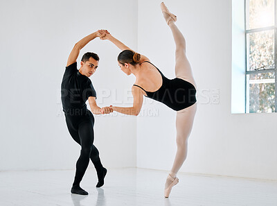 Buy stock photo Ballet, dance and partners with creative practice for performance art, elegance or learning. Man, woman and ballerina with wellness training in class for dancing academy, teamwork and balance