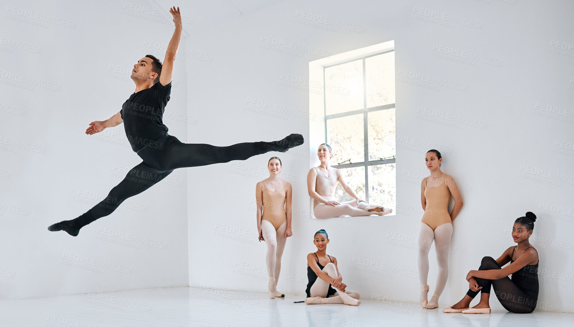 Buy stock photo Ballet, dance and jump demonstration with group practice for performance art, elegance or learning. Diversity, ballerina and students with training in class for dancing academy, teamwork and balance