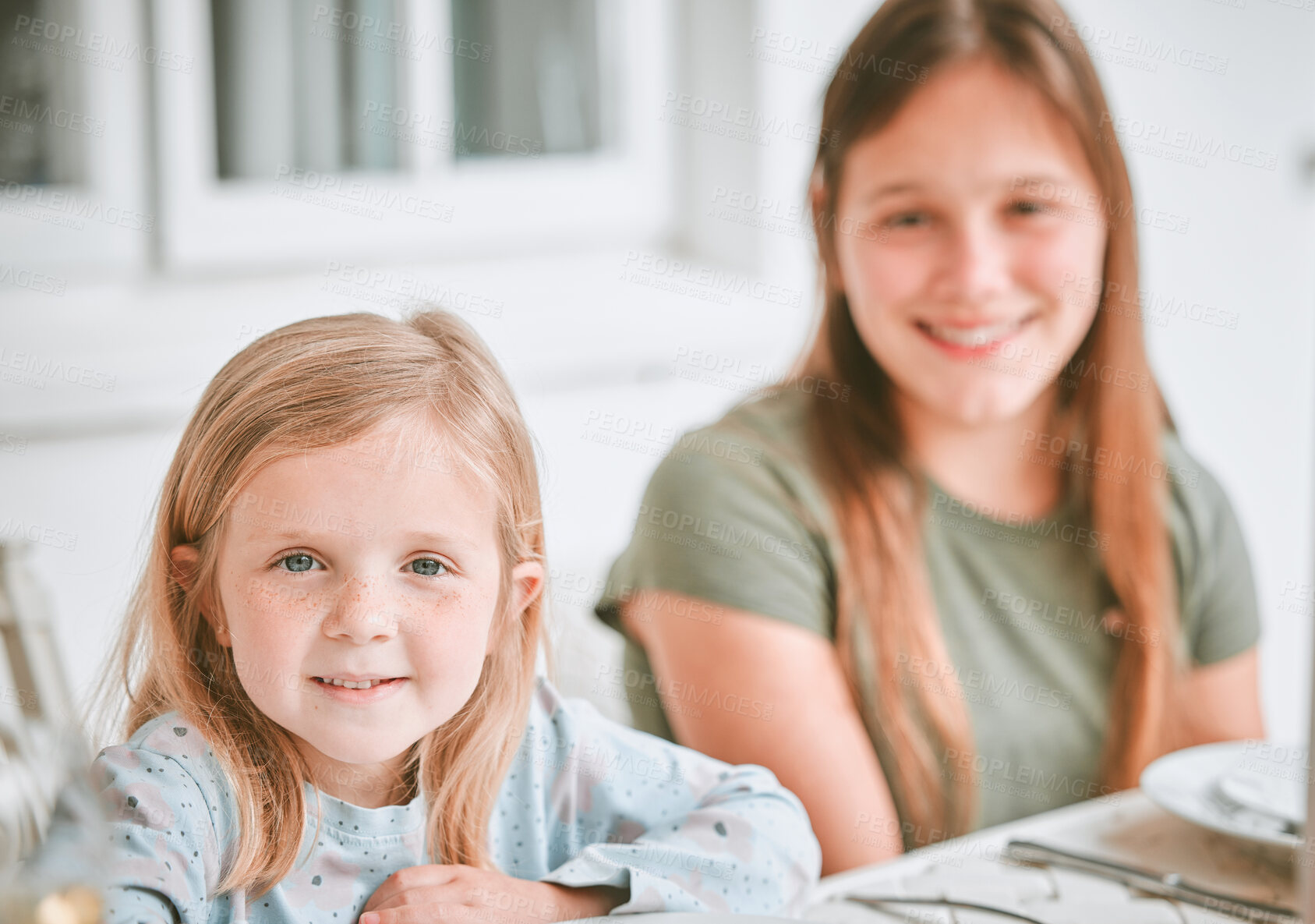 Buy stock photo Happy, lunch and portrait of kids at table for meal, supper and dinner at home together. Family, siblings and young girls smile for bonding, relax and excited for reunion or social event on patio