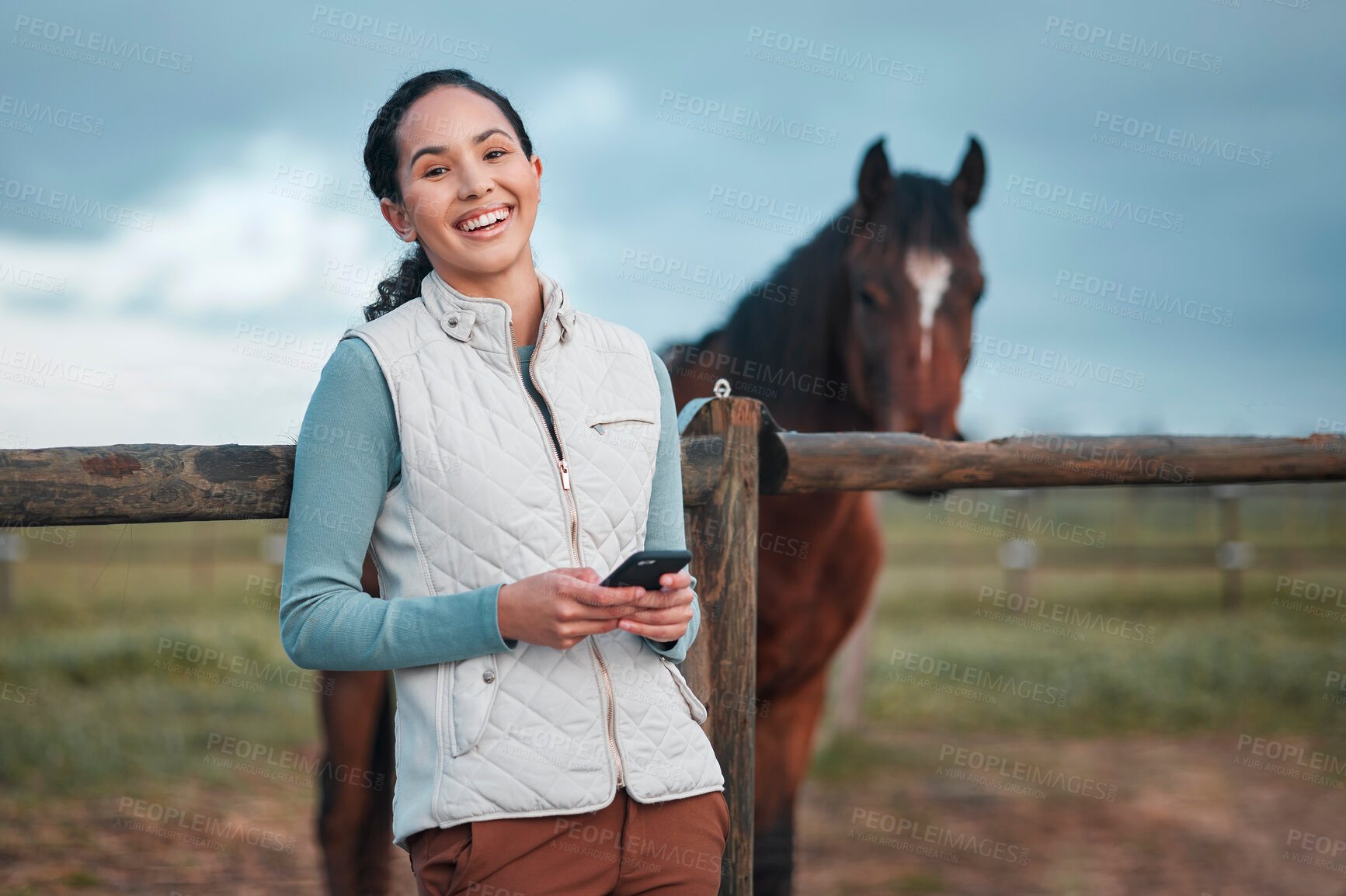 Buy stock photo Portrait, phone and woman at horse farm outdoor for social media, internet or jockey laughing at meme. Smile, mobile and person with equestrian animal at stable in countryside to scroll in Brazil