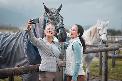 Buy stock photo Shot of two beautiful young women taking a selfie while posing with a horse