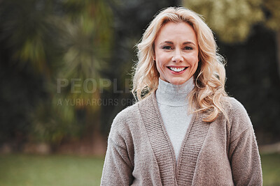 Buy stock photo Mature woman, portrait and smile in garden, backyard or park with winter fashion in morning, holiday and walk. Excited face, female person and happiness to relax in nature by trees, lawn and grass