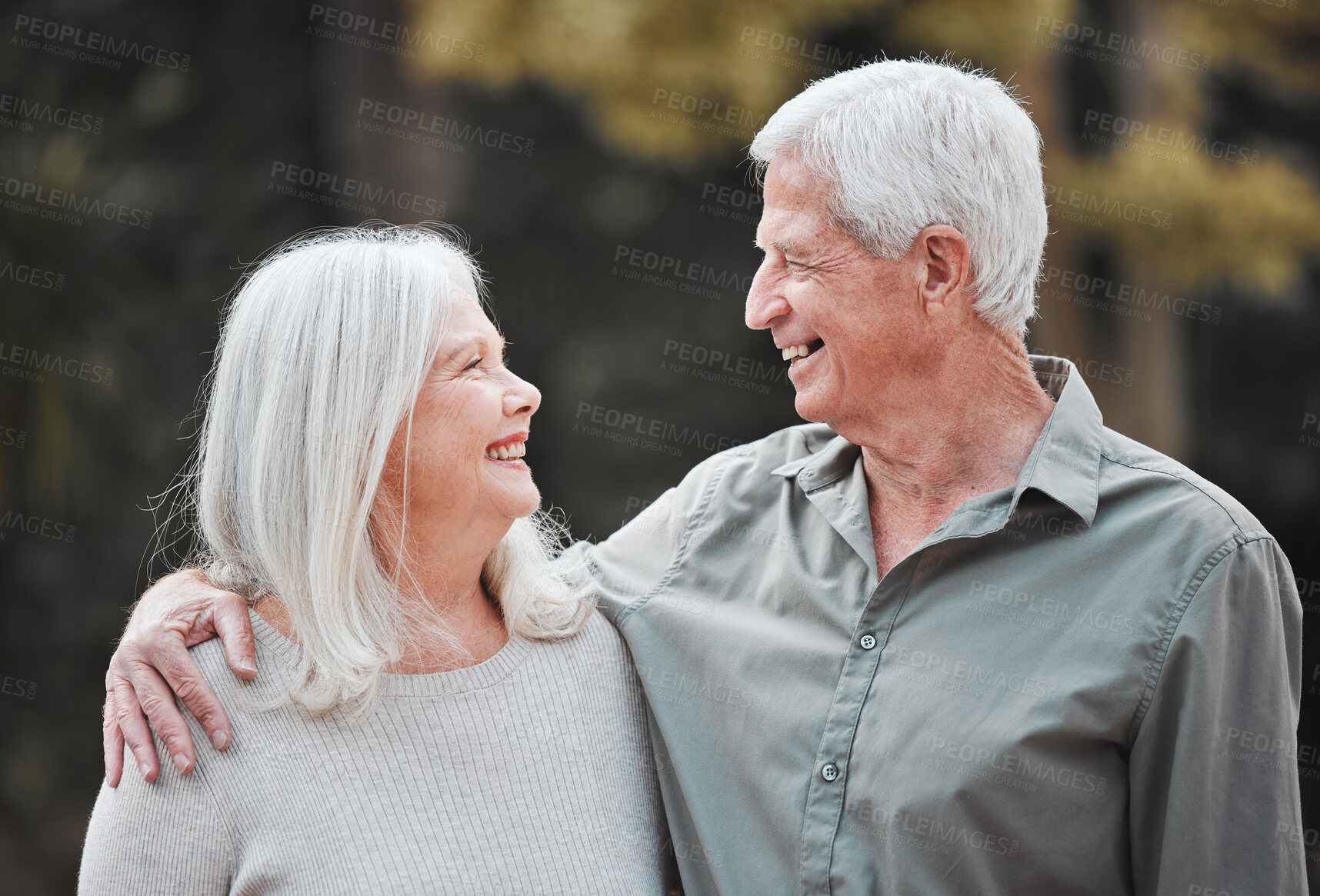 Buy stock photo Old couple, support and outdoor hug in retirement, love and affection for spouse on holiday. Elderly people, happy and vacation for bonding in nature, embrace and countryside security in commitment