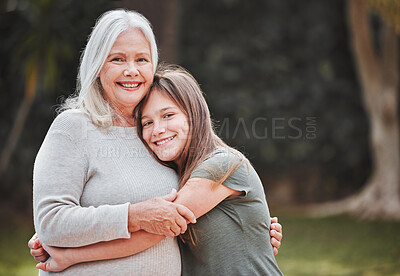 Buy stock photo Portrait, girl and grandmother in park with smile, respect and embrace in outdoor bonding together. Happy family, generation and teen child with grandma in backyard for hug, care and love in nature