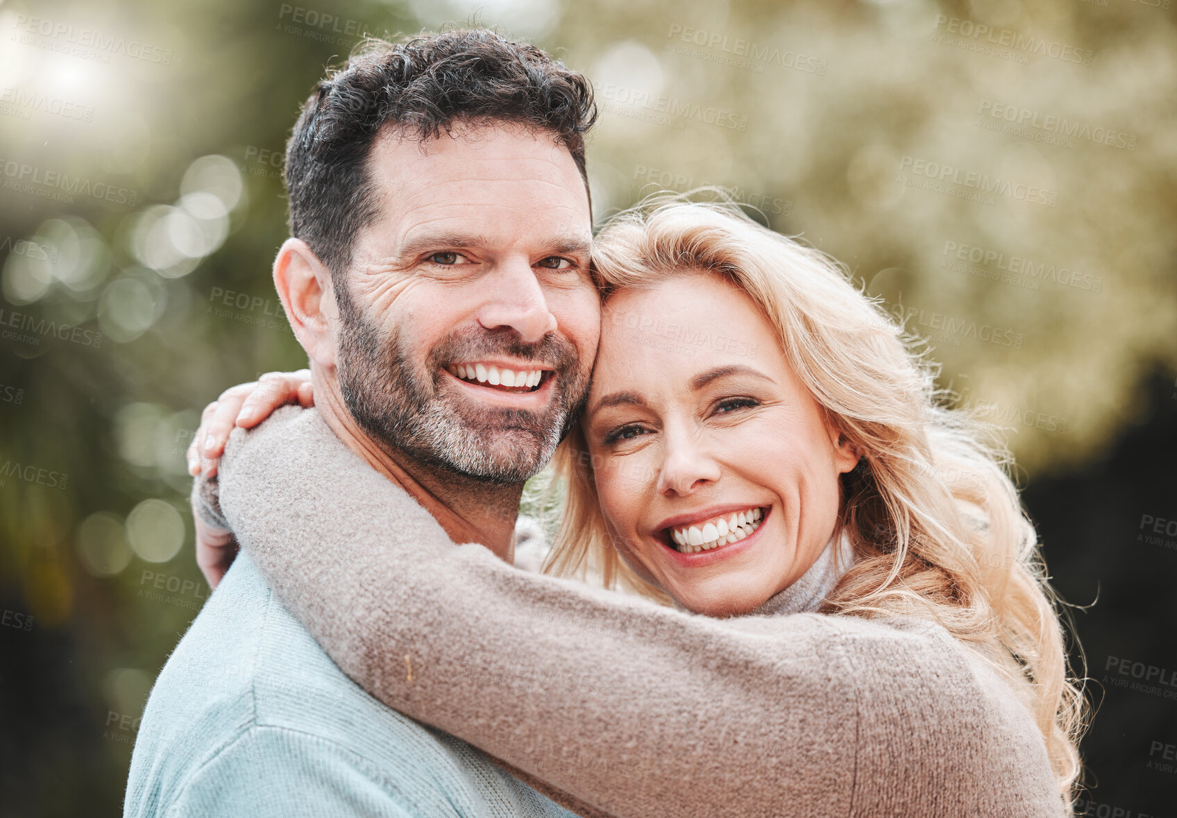 Buy stock photo Mature couple, portrait and nature hug for support, love and affection for spouse on holiday. Happy people, trust and vacation for bonding on travel, embrace and countryside security in commitment