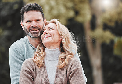 Buy stock photo Couple, portrait and hug for outdoor laughter, love and affection for spouse on holiday. Mature people, funny humor and vacation for bonding on travel, embrace and countryside security in commitment