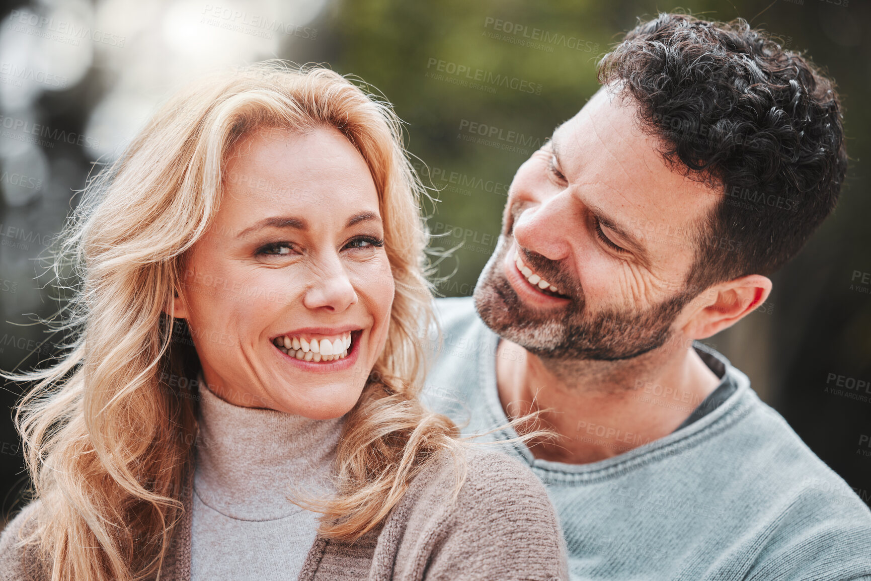 Buy stock photo Happy, portrait and a couple with love in nature for a date, marriage anniversary or bonding. Smile, laughing and a mature man and woman with affection, happiness and quality time in a park together