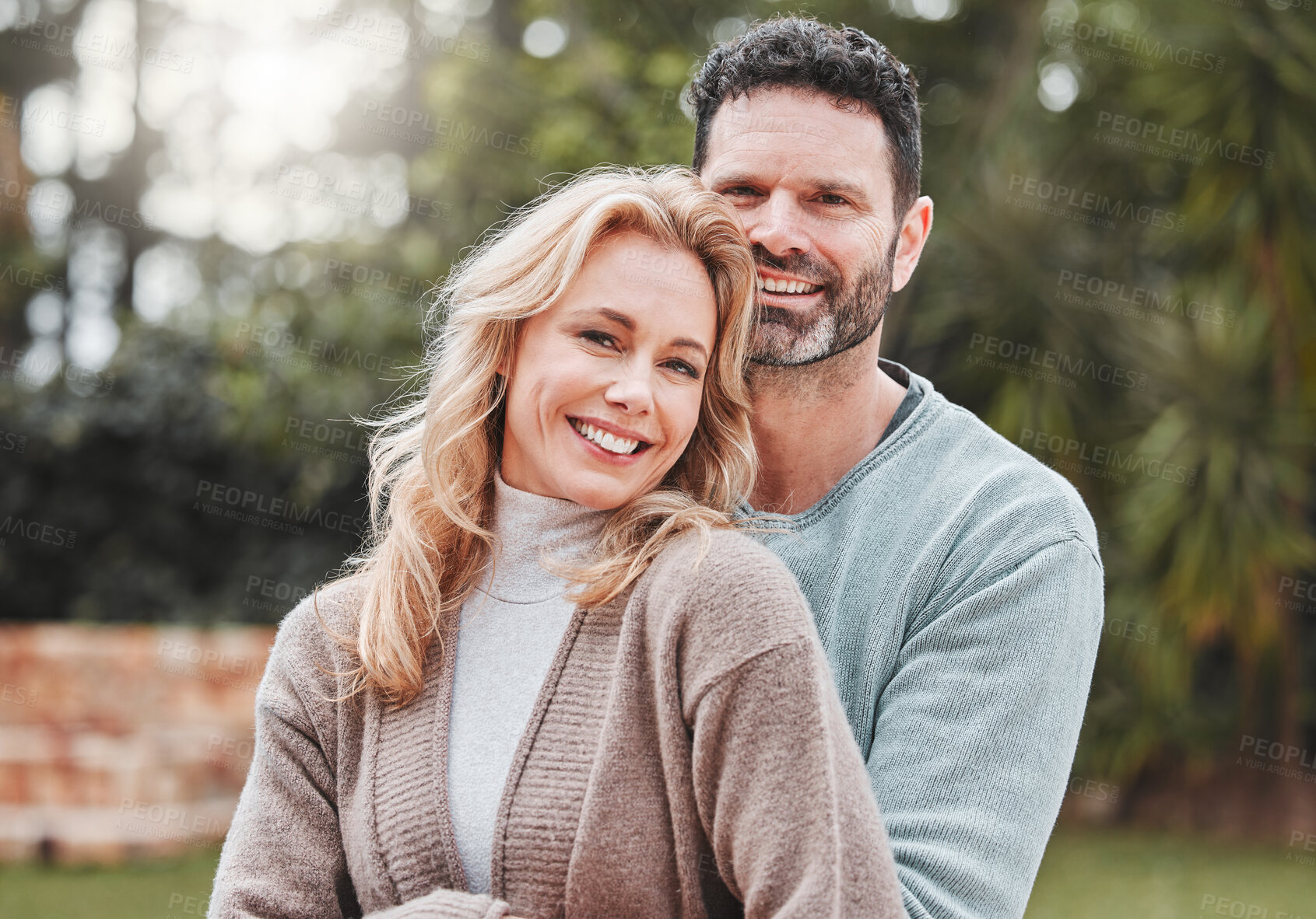 Buy stock photo Couple, portrait and hug for park happiness, love and affection for marriage on holiday. Mature people, romance and vacation for bonding on travel, embrace and countryside security in commitment