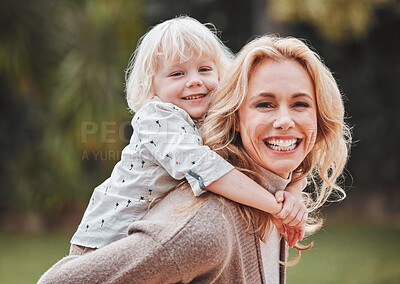 Buy stock photo Portrait, mom and child with piggy back, smile and embrace with outdoor bonding together in garden. Love, mother and son in backyard with hug, care and support for weekend in nature with happy family