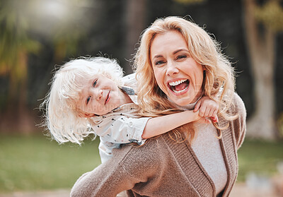 Buy stock photo Portrait, mom and kid with piggy back, smile, and playful embrace for outdoor bonding together. Love, mother and son in backyard with hug, care and support with weekend fun in nature for happy family