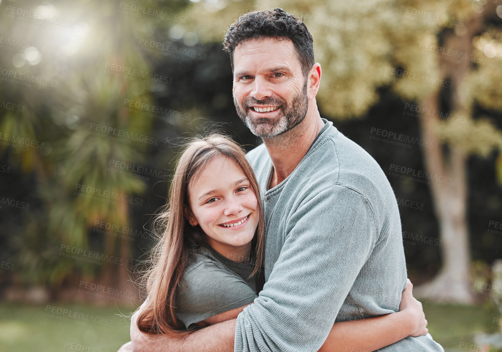 Buy stock photo Hug, park and portrait of dad with child for bonding, relationship and relaxing together outdoors. Family, smile and happy father embrace daughter in nature for affection, care and love on weekend