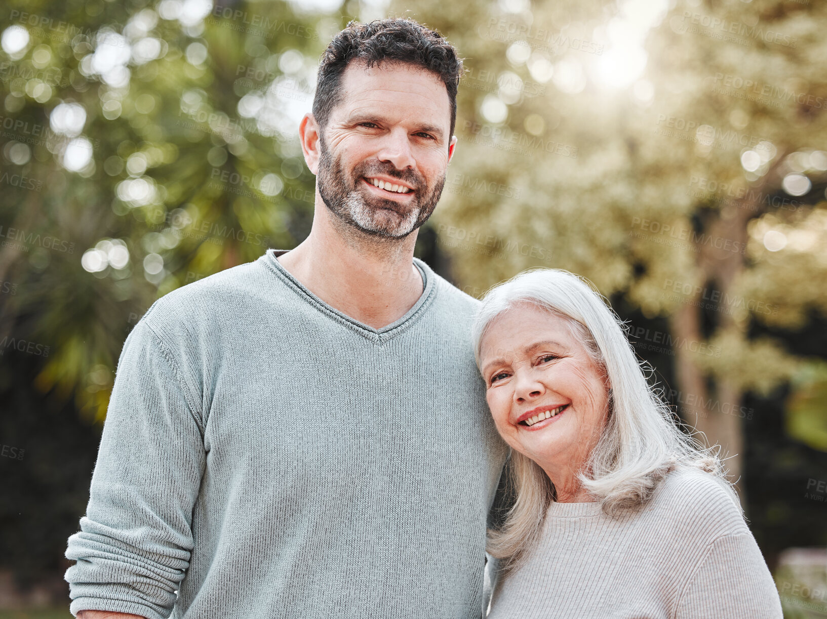 Buy stock photo Portrait, man and senior mom in garden with smile, hug and care in park for outdoor bonding together. Love, elderly mother and adult son in backyard with embrace, support and happy family in nature