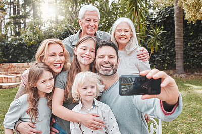 Buy stock photo Big family selfie, smile and outdoor in park with happiness, love and bonding for social media, app or internet post. Father, mother and daughter with grandparents, profile picture or backyard garden