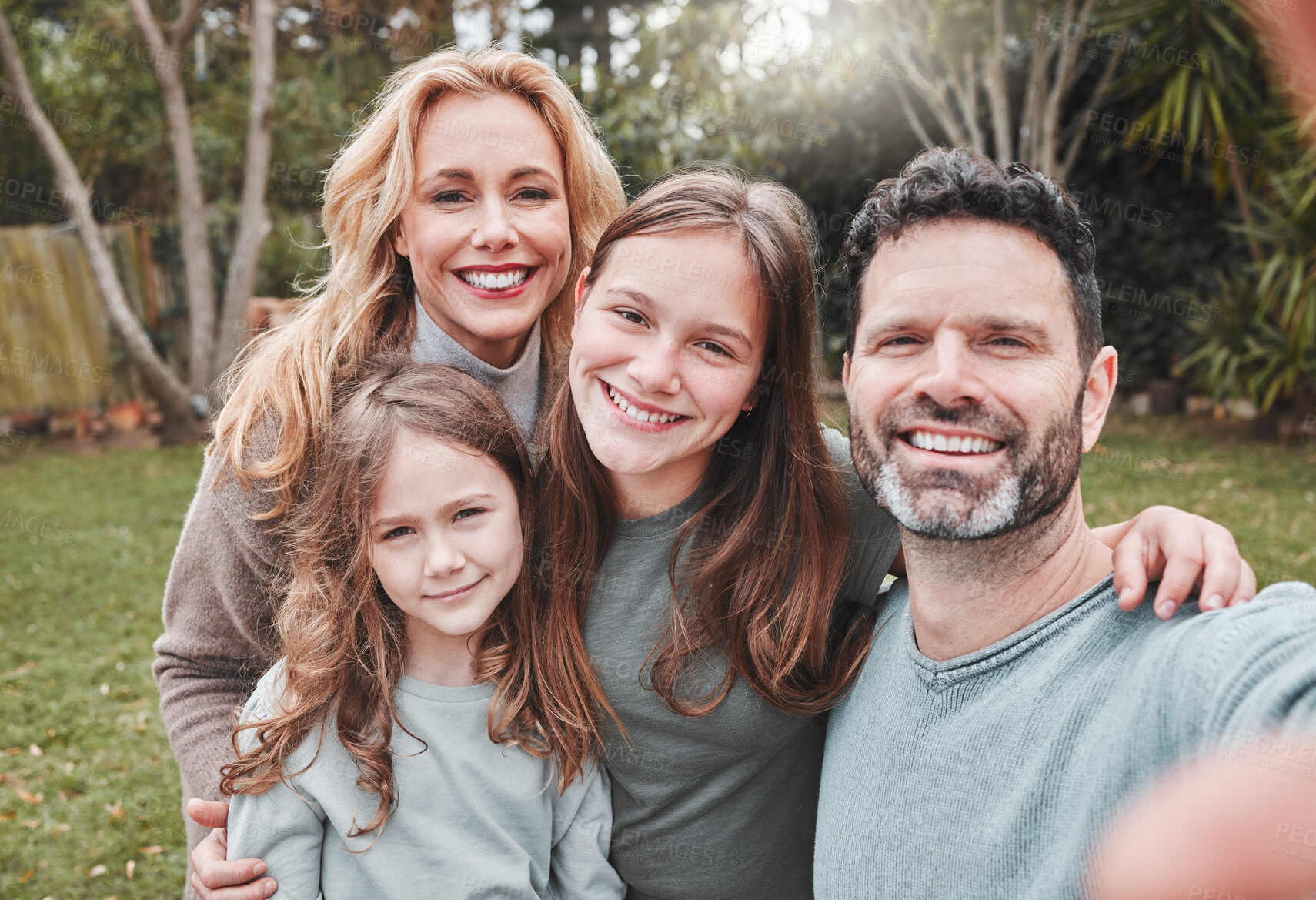 Buy stock photo Family selfie, smile and outdoor in park with happiness, love and bonding on social media, app or internet post. Father, mother and daughter on grass for profile picture, backyard garden and web blog