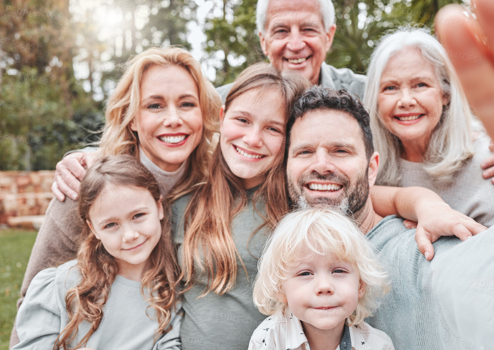 Buy stock photo Selfie, children and parents with grandparents in portrait with embrace, bonding or generations outdoor in home. Family, hugging and photography for happy memory, support or love in backyard of house