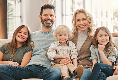 Buy stock photo Portrait, happy family and kids with parents in home to relax, care or bonding together. Face, mother and dad with children in living room for support, love or adoption with foster siblings on sofa